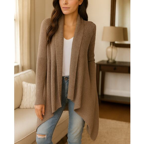 2/$30 Cynthia Rowley Merino Wool Blend Draped Long Cardigan Sweater Tan Size L - Picture 1 of 12
